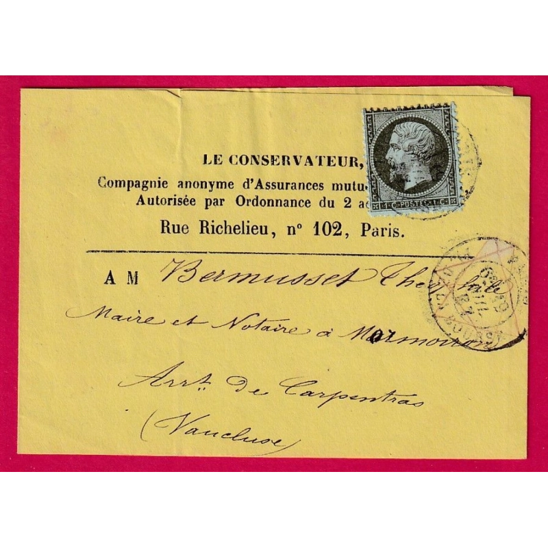 N°19 CAD PARIS PL DE LA BOURSE POUR CARPENTRAS VAUCLUSE 1867 BANDE DE JOURNAL COMPLETE LETTRE