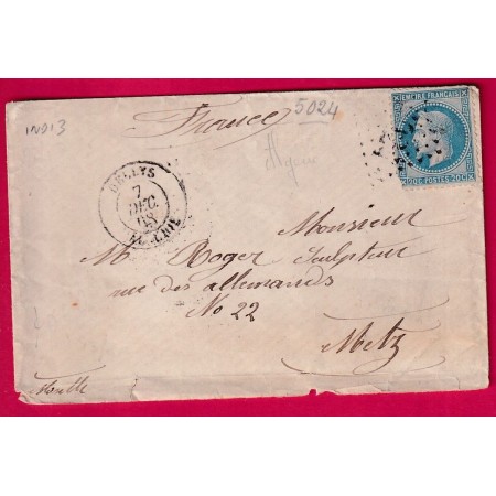 N°29 GC 5024 DELLYS ALGERIE POUR METZ MOSELLE 1868 INDICE 13 LETTRE