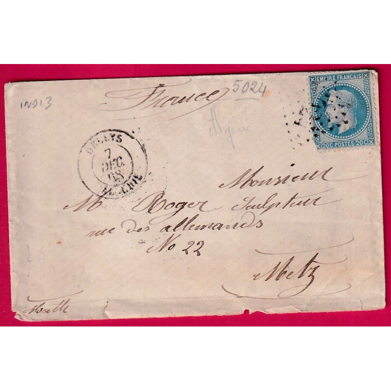 N°29 GC 5024 DELLYS ALGERIE POUR METZ MOSELLE 1868 INDICE 13 LETTRE