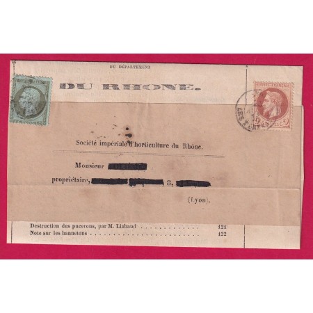 MIXTE N°21 26 CAD TYPE 15 LYON LES TERREAUX TARIF A 3C BANDE DE JOURNAL POUR LYON LETTRE