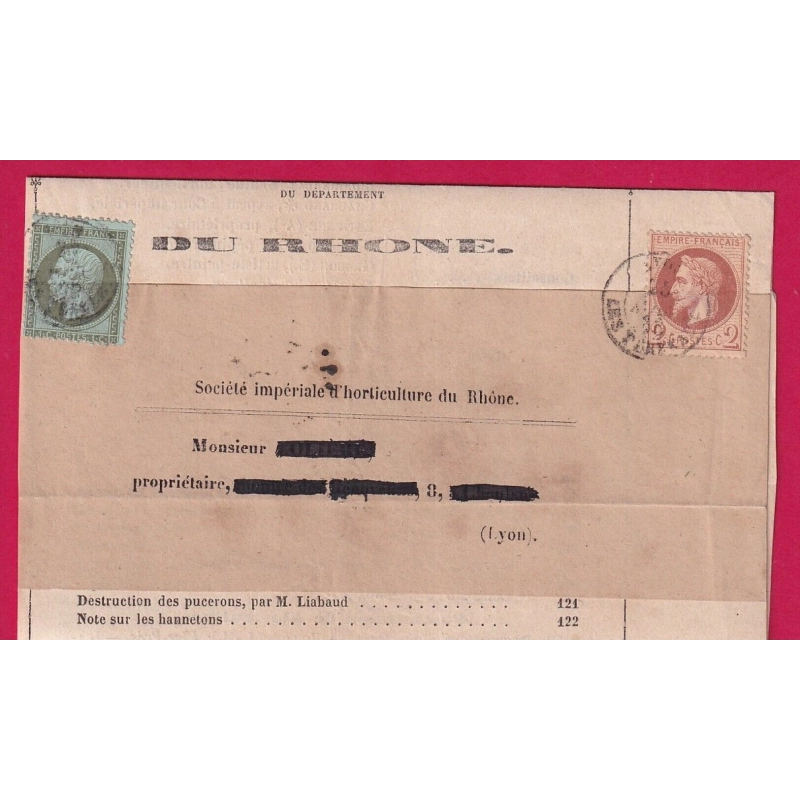 MIXTE N°21 26 CAD TYPE 15 LYON LES TERREAUX TARIF A 3C BANDE DE JOURNAL POUR LYON LETTRE