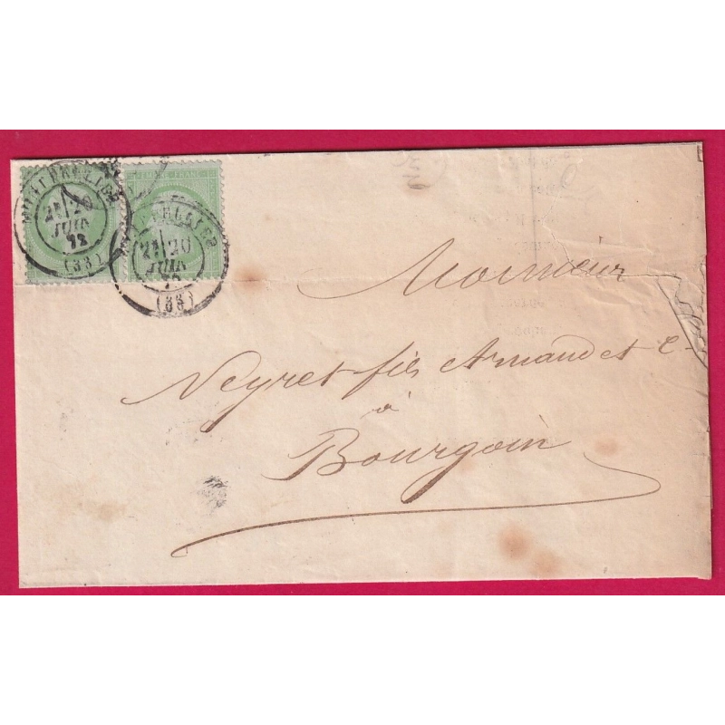 N°35 X2 MONTPELLIER HERAULT 20 JUIN 1872 POUR BOURGOIN TARIS IMPRIME LETTRE