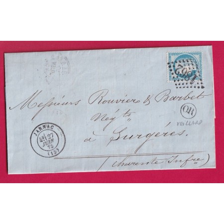 N°60 GC 1862 JARNAC CHARENTE OR DE VEILLARD POUR SURGERES CHARENTE INFERIEURE LETTRE