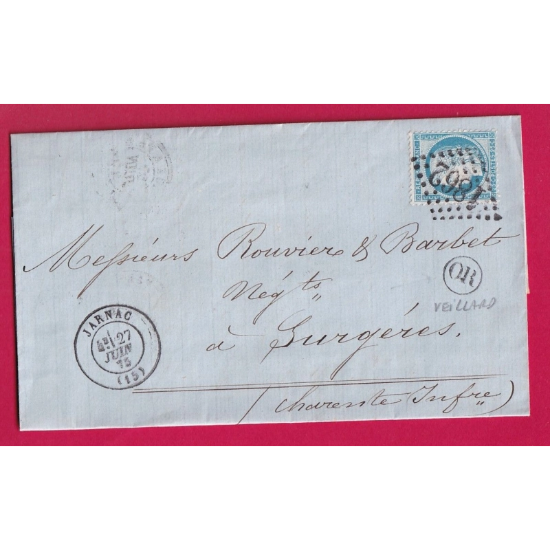 N°60 GC 1862 JARNAC CHARENTE OR DE VEILLARD POUR SURGERES CHARENTE INFERIEURE LETTRE
