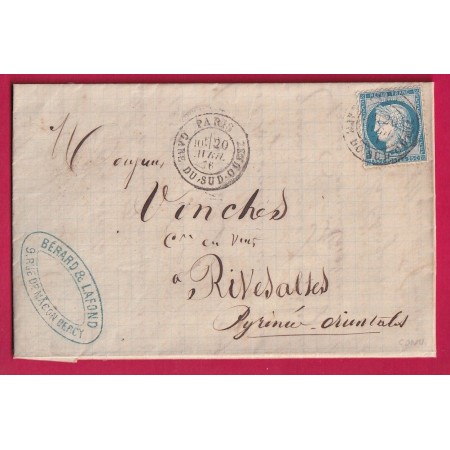 N°60 CAD PARIS GARE DU SUD OUEST 1876 POUR RIVESALTES PYRENEES ORIENTALES LETTRE