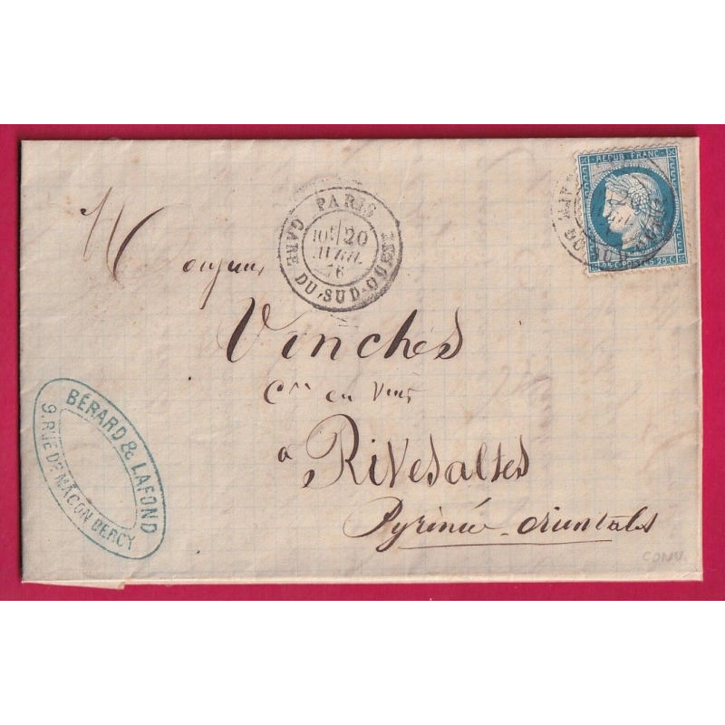 N°60 CAD PARIS GARE DU SUD OUEST 1876 POUR RIVESALTES PYRENEES ORIENTALES LETTRE