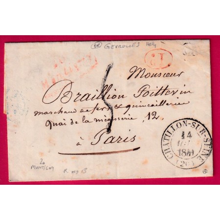 CURSIVE ROUGE 20 MONTIGNY COTE D'OR TYPE 13 CHATILLON SUR SEINE OR GEVROLLES + DECIME RURAL POUR PARIS INDICE 13 LETTRE