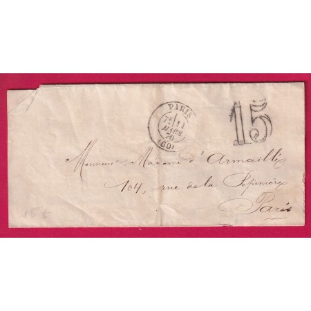 TAXE TAMPON 15 PARIS BUREAU CENTRAL 1870 POUR PARIS LETTRE