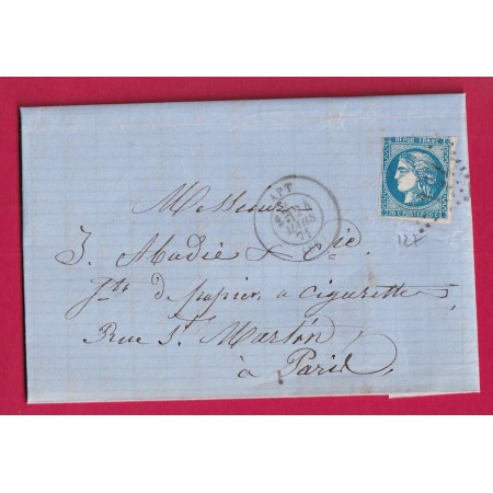 TENTATIVE ENTREE COMMUNE DE PARIS APT VAUCLUSE 24 MARS 1871 POUR PARIS N°46B TOUCHE LETTRE