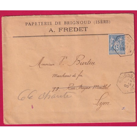 N°90 CAD TYPE D HEXAGONAL BRIGNOUD ISERE 1900 POUR LYON RHONE LETTRE