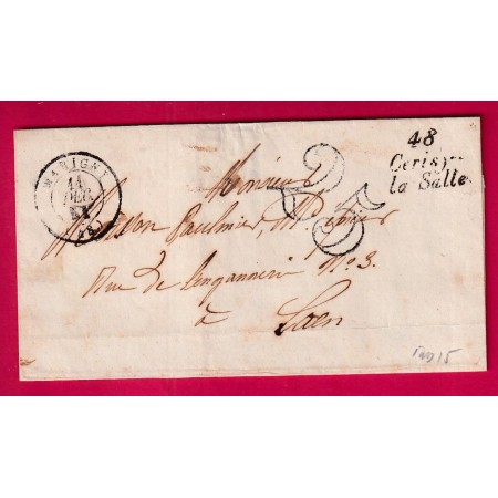 CURSIVE 48 CERISY LA SALLE MANCHE 1851 INDICE 15 CAD TYPE 15 MARIGNY POUR CAEN CALVADOS LETTRE