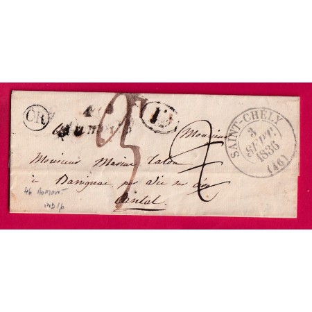 CURSIVE 46 AUMONT LOZERE OR + DECIME RURAL CAD TYPE 13 ST CHELY POUR VIC SUR CERE CANTAL 1836 INDICE 16 LETTRE