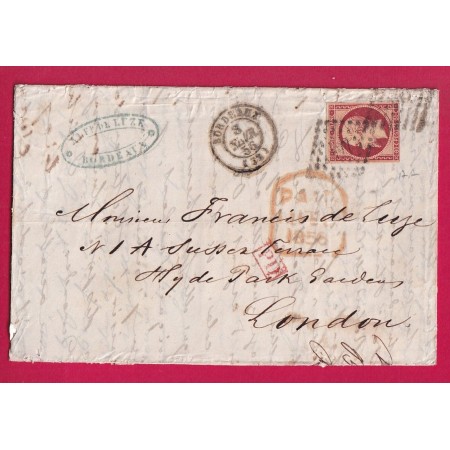 N°17A PC 441 BORDEAUX GIRONDE POUR LONDRES LONDON 1856 LETTRE