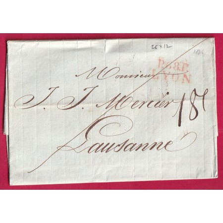 MARQUE P68P LYON EN ROUGE 1826 25X12 POUR LAUSANNE SUISSE LETTRE