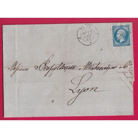 N°14 PERCE EN LIGNE PARIS BUREAU J ETOILE PLEINE POUR LYON RHONE AOUT 1862 LETTRE