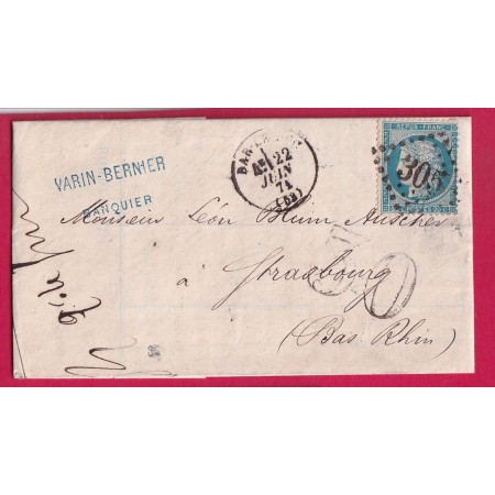 N°37 GC 305 BAR LE DUC MEUSE TAXE TAMPON 30 POUR STRASBOURG ALSACE LORRAINE ALLEMAGNE JUIN 1871 LETTRE