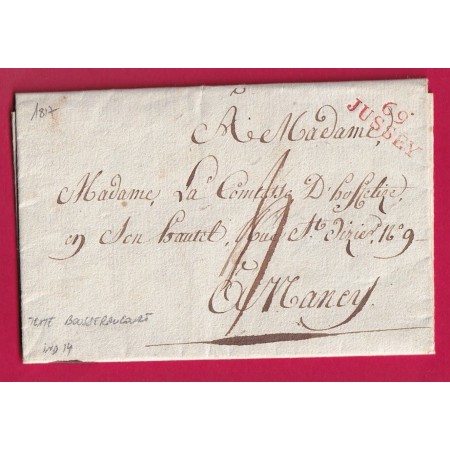 MARQUE 69 JUSSEY HAUTE SAONE EN ROUGE TEXTE DE BOUSSERAUCOURT 1817 POUR NANCY INDICE 14 LETTRE
