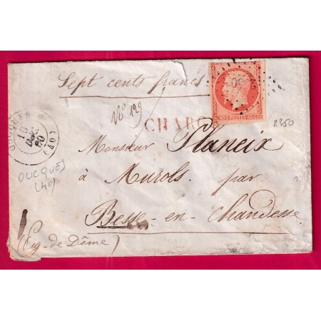 N°16 PC 2350 OUCQUES LOIR ET CHER LETTRE CHARGE POUR MUROLS PUY DE DOME AMBULANT PARIS A CLERMONT EN ROUGE LETTRE
