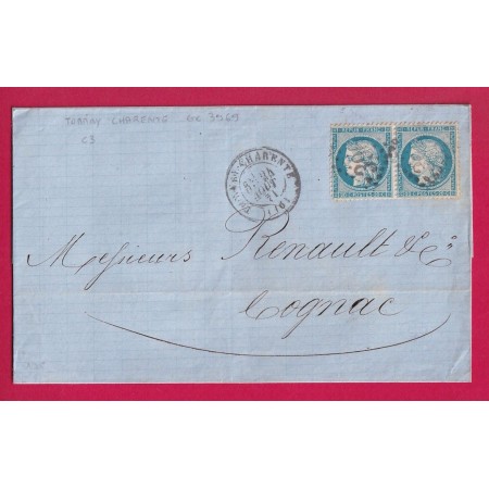 N°37 PAIRE GC 3969 TONNAY CHARENTE POUR COGNAC CHARENTE 24 AOUT 1871  LETTRE