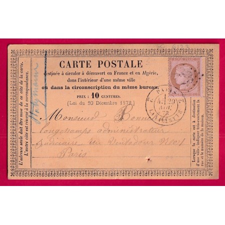 N°58 GC 6123 PARIS 2 LA VILETTE 2 POUR PARIS CARTE PRECURSEUR LETTRE