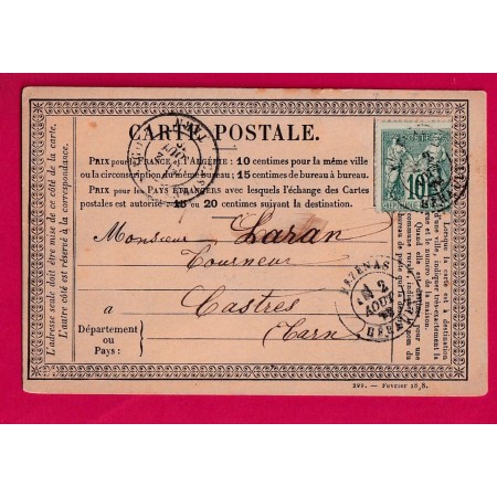 N°65 CAD TYPE 18 PEZENAS HERAULT POUR CASTRES TARN 1878 CARTE PRECURSEUR LETTRE