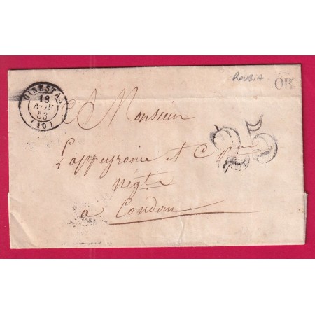 CAD TYPE 15 GINESTAS AUDE OR DE ROUBIA TAXE 25 1853 POUR CONDOM GERS LETTRE