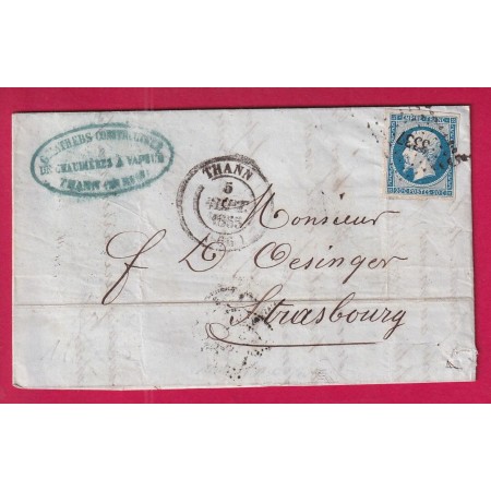 N°14 PC 3337 CAD TYPE 14 THANN HAUT RHIN 1855 POUR STRASBOURG LETTRE