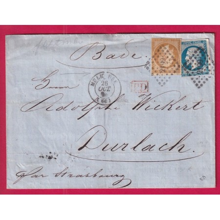 N°13 14 PC 2199 MULHOUSE CAD TYPE 15 VARIETE SANS LE O POUR DURLACH ALLEMAGNE PRUSSE 1860 LETTRE