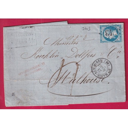 N°22 GC 3743 STE MARIE AUX MINES HAUT RHIN GRIFFE SPECIALE AFFRANCH INSUFFISANT TAXE MANUSCRIT 4 POUR MULHOUSE LETTRE