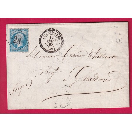N°22 GC 28 AILLEVILLERS HAUTE SAONE POUR GERARDMER VOSGES CAD TYPE 22 1863 LETTRE