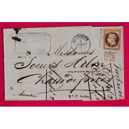 N°30 GC 2578 MULHOUSE HAUT RHIN POUR LA CHAUX DE FONDS SUISSE VIA BALE 1868 LETTRE