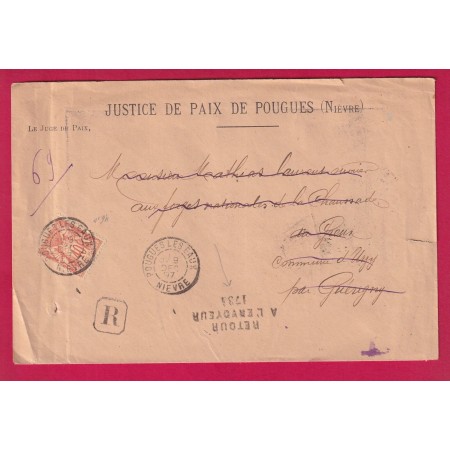 N°94 POUGUES LES EAUX NIEVRE 1897 LETTRE RECOMMANDE RETOUR ENVOYEUR 1734 GUERIGNY LE JUGE DE PAIX LETTRE
