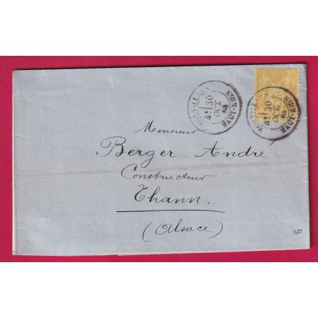 N°92 CAD T18 MORVILLARS HAUT RHIN POUR THANN ALSACE LORRAINE ALLEMAGNE TERRITOIRE DE BELFORT 1884 LETTRE