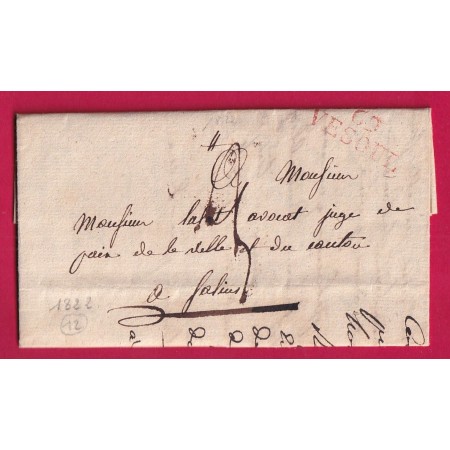 MARQUE 69 VESOUL HAUTE SAONE EN ROUGE 1822 INDICE 12 POUR SALINS JURA LETTRE