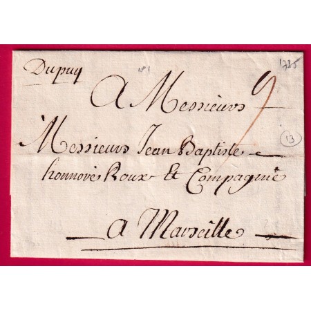 MARQUE MANUSCRIT DU PUY EN VELAY HAUTE LOIRE 1735 POUR MARSEILLE LENAIN N°1 INDICE 13 LETTRE COVER