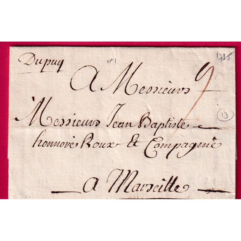 MARQUE MANUSCRIT DU PUY EN VELAY HAUTE LOIRE 1735 POUR MARSEILLE LENAIN N°1 INDICE 13 LETTRE COVER