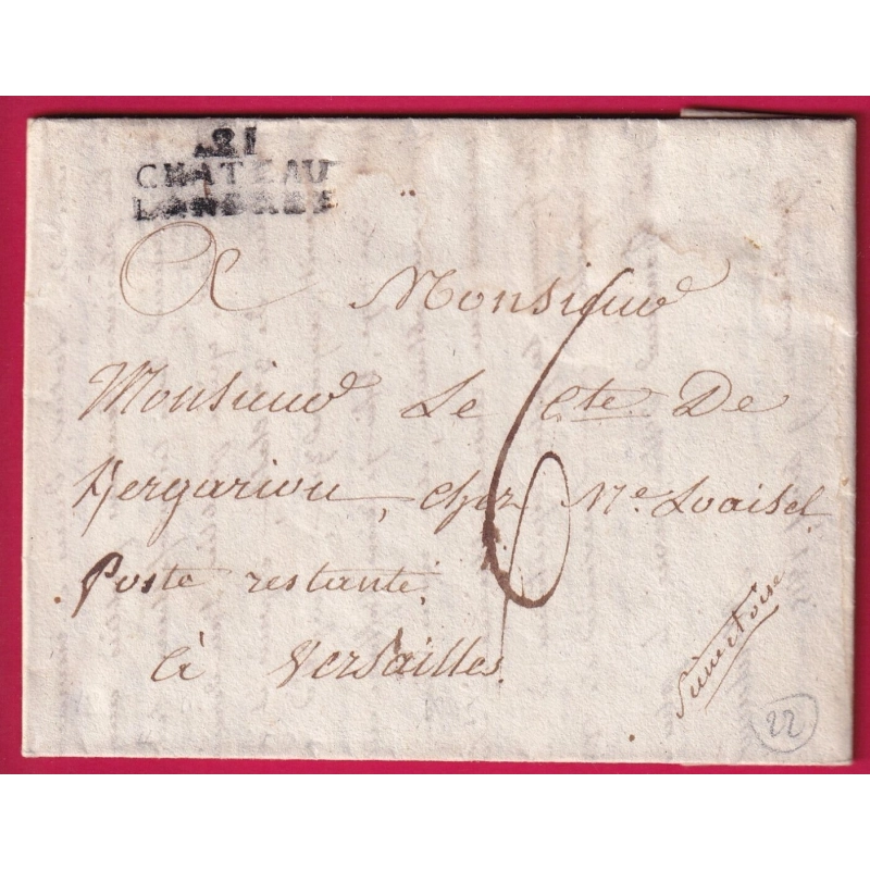 MARQUE 21 CHATEAU LANDREN  CHAUTEAULAUDREN COTES DU NORD 1815 POUR VERSAILLES INDICE 11 LETTRE COVER