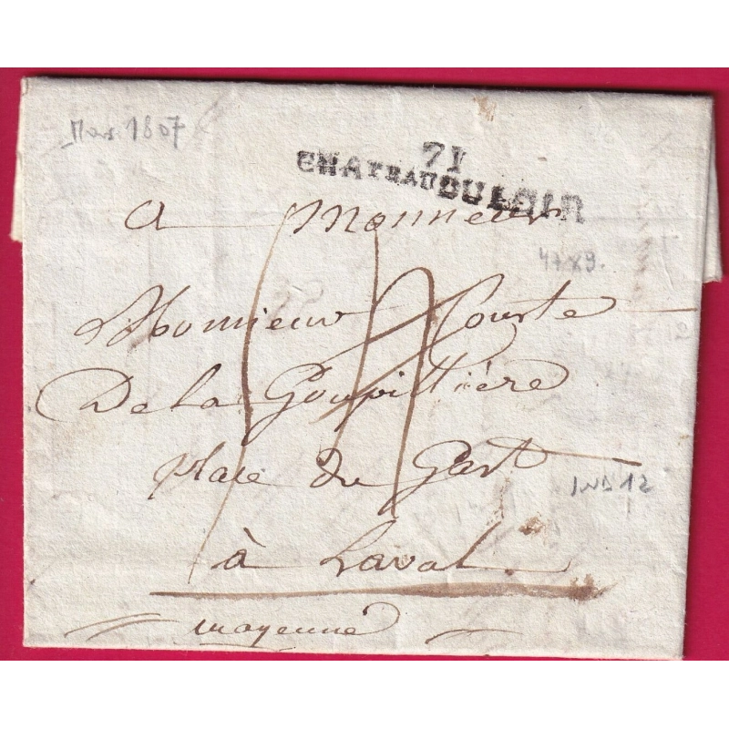 MARQUE 71 CHATEAU DU LOIR SARTHE 1807 POUR LAVAL TAXE MODIFIEE INDICE 12 LETTRE COVER
