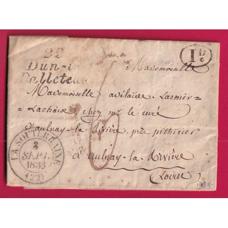 CURSIVE 22 DUN LE PALLETEAU CREUSE TYPE 13 LA SOUTERRAINE DECIME RURAL A IDENTIFIER POUR AULNAY LOIRET 1833 LETTRE COVER