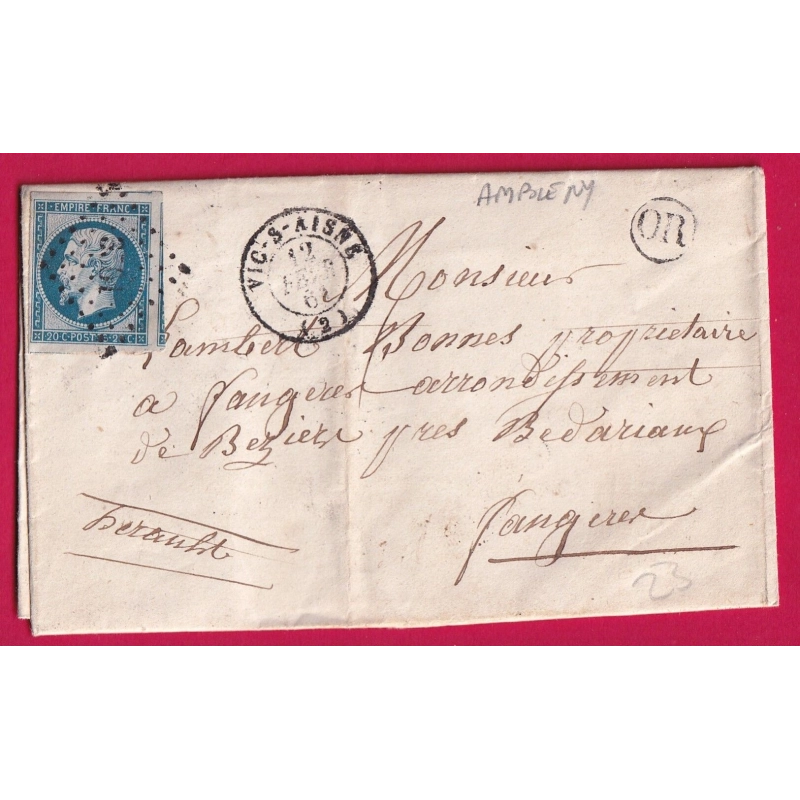 N°14 TTB PC 3561 VIC SUR AISNE OR AMBLENY POUR FAUGERES HERAULT LETTRE COVER