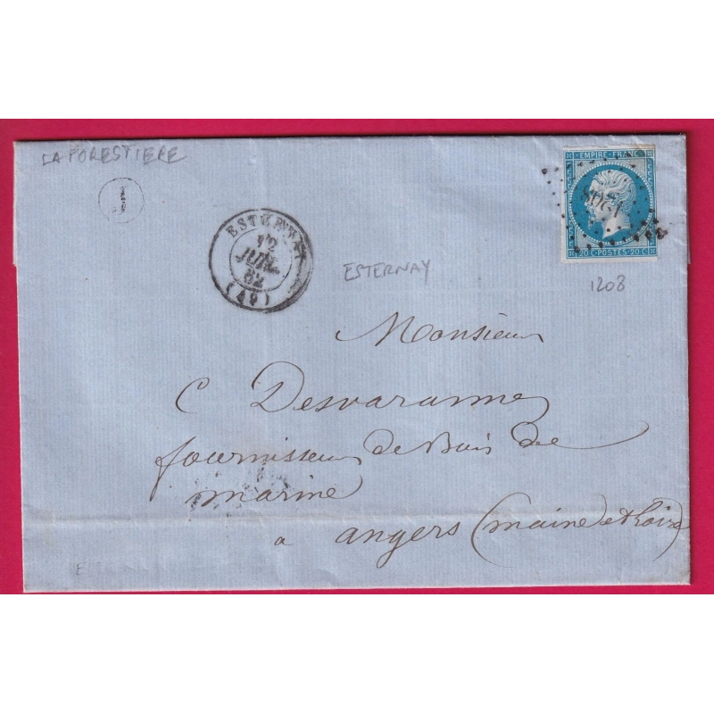 N°14 PC 1208 ESTERNAY MARNE BOITE RURALE J LA FORESTIERE POUR ANGERS MAINE ET LOIRE LETTRE COVER FRANCE