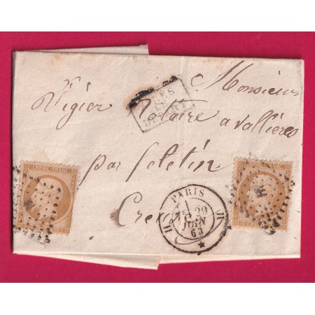 N°21 X2 PARIS LOSNAGE ROMAIN H BUREAU H POUR FELLETIN CREUSE 1863 LETTRE COVER FRANCE