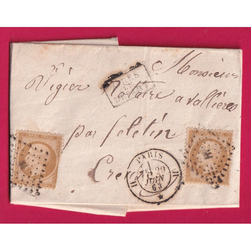 N°21 X2 PARIS LOSNAGE ROMAIN H BUREAU H POUR FELLETIN CREUSE 1863 LETTRE COVER FRANCE