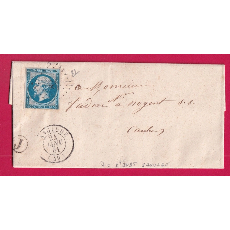 N°14 PC82 ANGLURE MARNE BOITE RURALE J ST JUST SAUVAGE POUR NOGENT SUR SEINE AUBE 1861 LETTRE COVER FRANCE