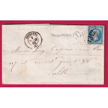 N°22 GC 1342 DOULLENS SOMME BOITE RURALE I TERRAMESNIL POUR LILLE NORD LETTRE COVER FRANCE