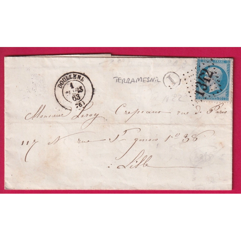 N°22 GC 1342 DOULLENS SOMME BOITE RURALE I TERRAMESNIL POUR LILLE NORD LETTRE COVER FRANCE