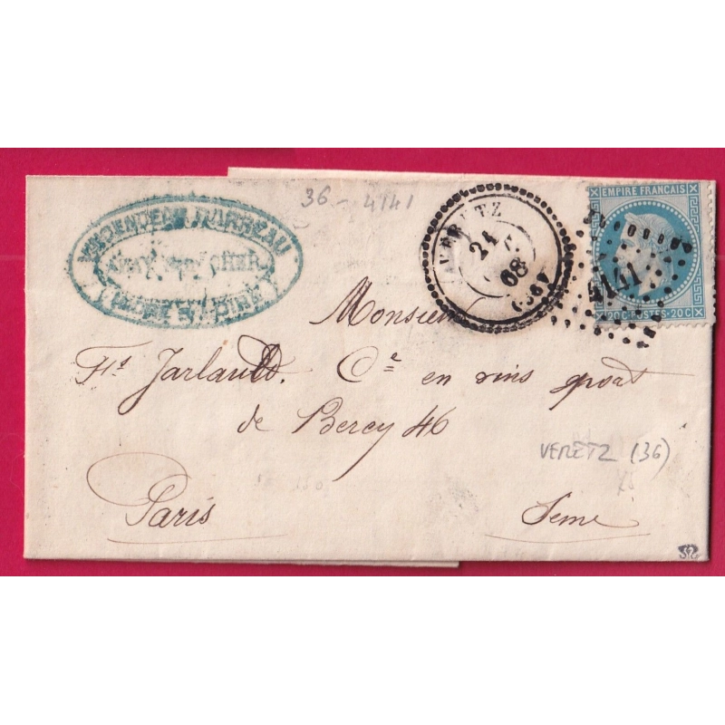 N°29 PC DU GC 4141 VERETZ INDRE ET LOIRE CAD TYPE 22 POUR PARIS LETTRE COVER FRANCE