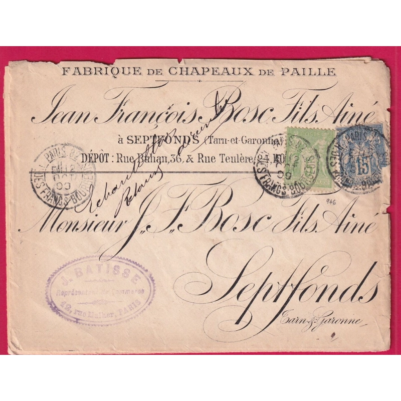 N°105 90 LEVEE EXEPTIONNELLE PARIS R DES FRANCS BOURGEOIS LEVEE E1 POUR SEPT FONDS TARN ET GARONNE RARE LETTRE COVER