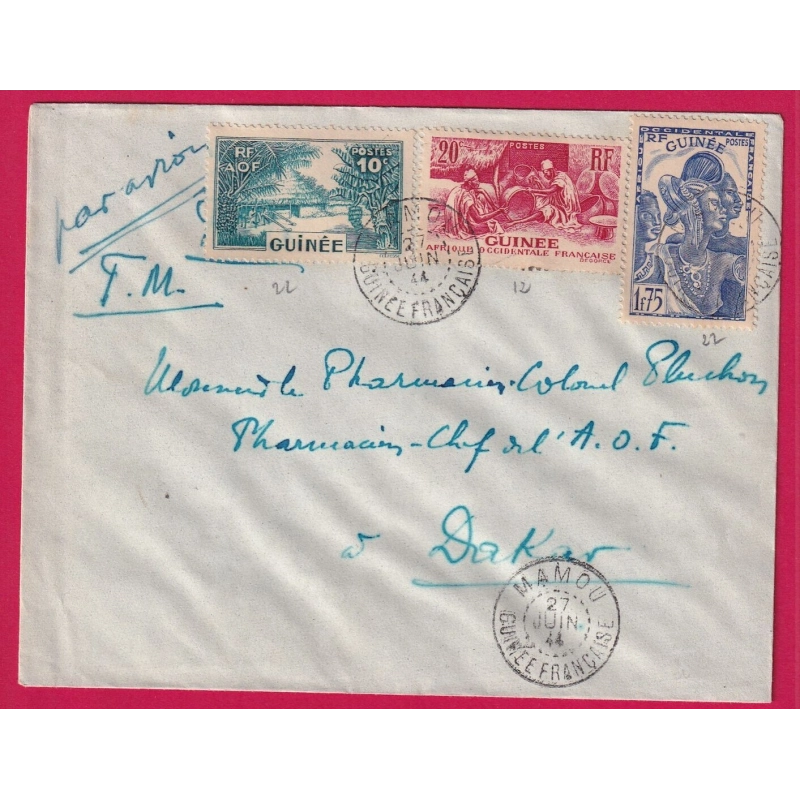 LETTRE FM SURTAXE PAR AVION MAMOU GUINEE FRANCAISE POUR DAKAR 1944 LETTRE COVER