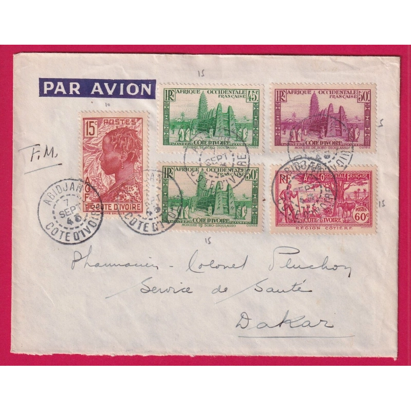 LETTRE FM SURTAXE PAR AVION ABIDJAB COTE D'IVOIRE POUR DAKAR 1945 LETTRE COVER